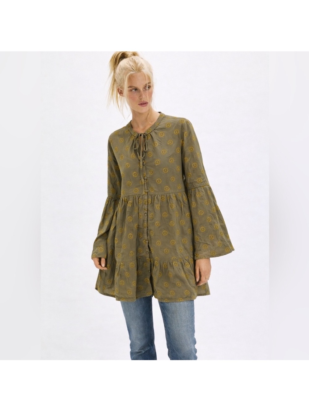 Olive Green Bell-Sleeve Tie-Neck Tunic Top
